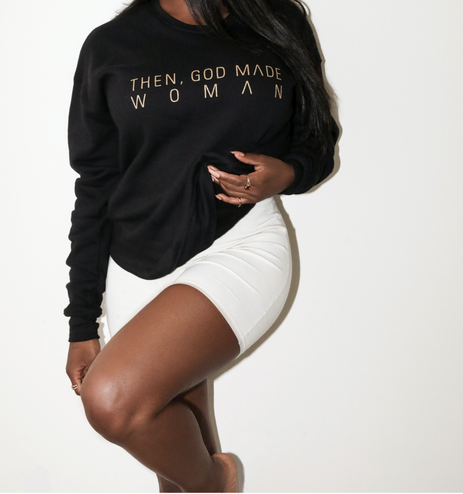 Then, God Made Woman Unisex Sweatshirt - Black & Cognac (Only a Few Left)